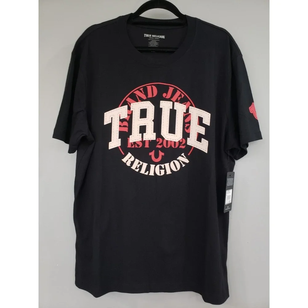 NEW LARGE True Religion Logo‎ Stitch Mens Black Tee Tshirt Short SLeeve